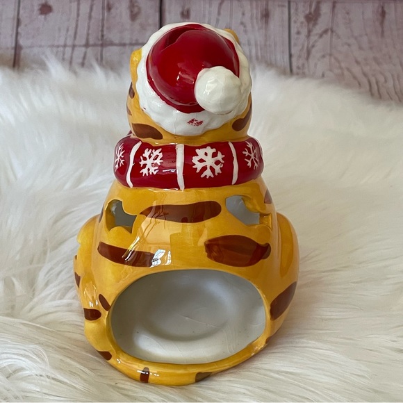 Ceramic Cat With Scarf And Santa Hat Votive Tea light Candle Holder 6” Tall - Picture 4 of 8